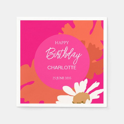 Hot Pink and Orange Daisy Floral Birthday Party  Napkins