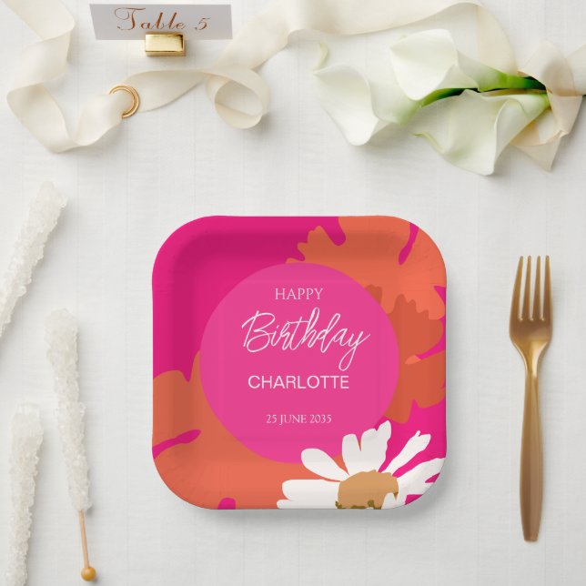 Hot Pink and Orange Daisy Floral Birthday Party  Paper Plates (Wedding)