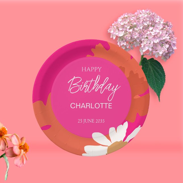 Hot Pink and Orange Daisy Floral Birthday Party  Paper Plates (Creator Uploaded)