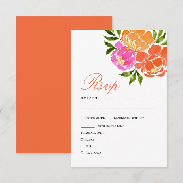 Hot Pink and Orange Fall Floral Wedding RSVP Card (Front/Back)