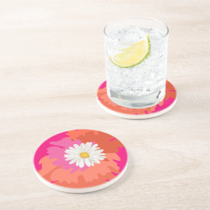 Hot Pink and Orange Floral Daisy Abstract Home Coaster