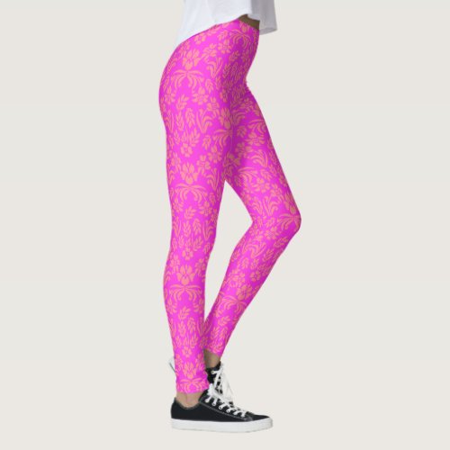 Hot Pink and Orange Floral Damask Leggings