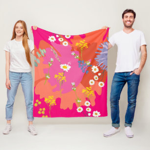 Hot Pink and Orange Floral Garden Abstract Fleece Blanket