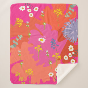 Hot Pink and Orange Floral Garden Abstract Sherpa Blanket