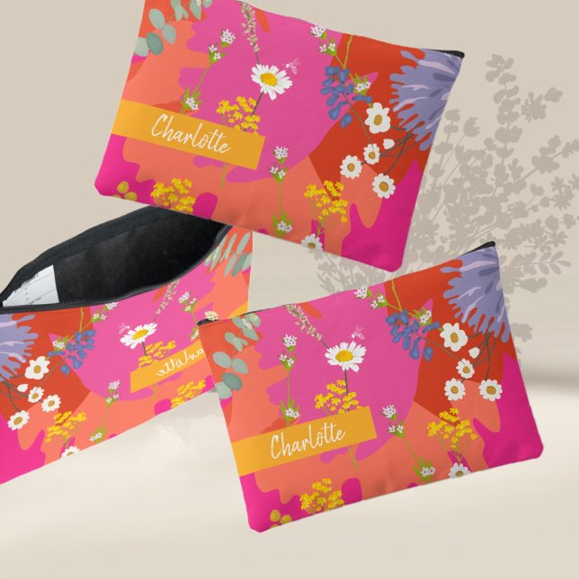 Hot Pink and Orange Floral Garden Personalized  Accessory Pouch (Creator Uploaded)