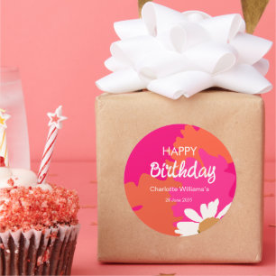 Hot Pink and Orange Floral Happy Birthday Party Classic Round Sticker