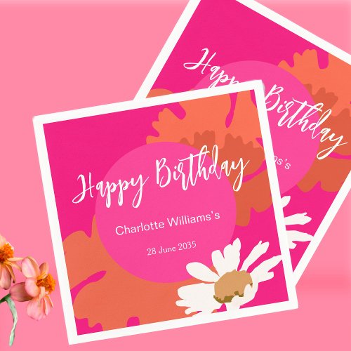 Hot Pink and Orange Floral Happy Birthday Party Napkins