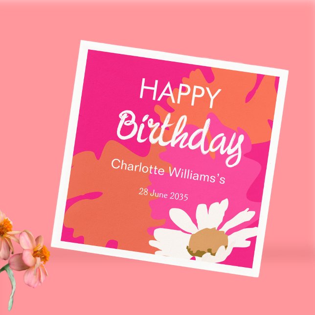 Hot Pink and Orange Floral Happy Birthday Party Napkins (Creator Uploaded)
