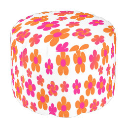Hot pink and orange floral round pouf