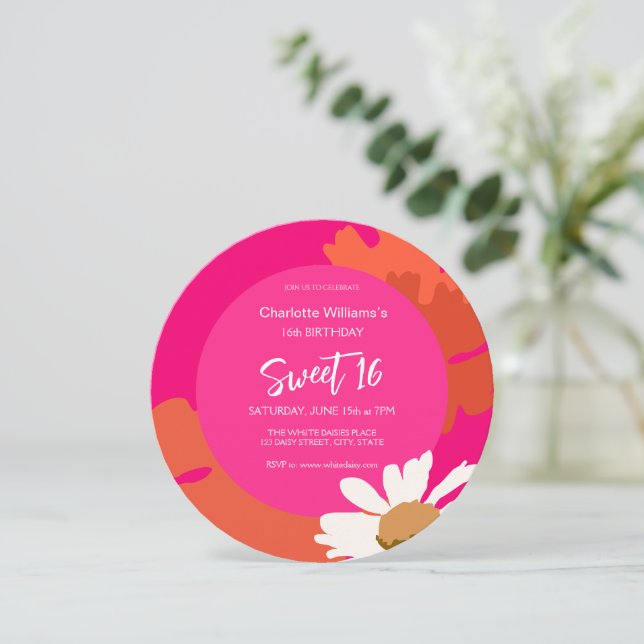 Hot Pink and Orange Floral Sixteen Birthday Party  Invitation (Standing Front)