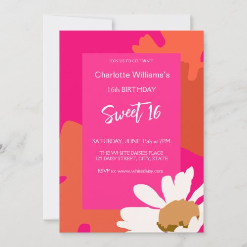 Hot Pink and Orange Floral Sixteen Birthday Party  Invitation