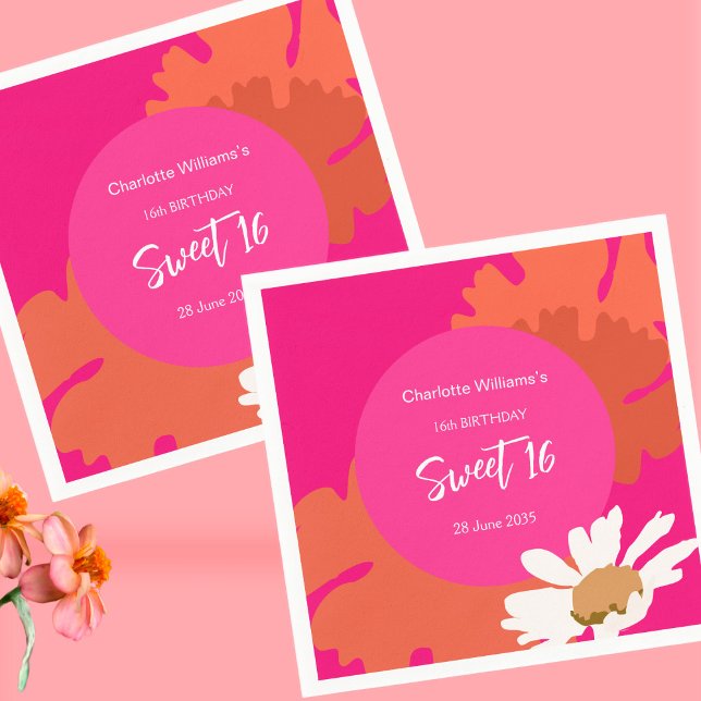 Hot Pink and Orange Floral Sixteen Birthday Party  Napkins (Creator Uploaded)