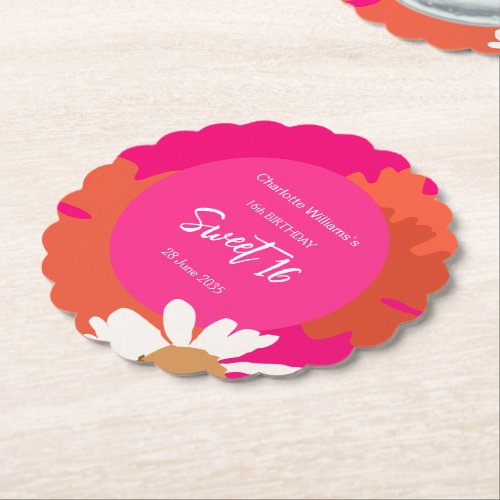 Hot Pink and Orange Floral Sixteen Birthday Party  Paper Coaster