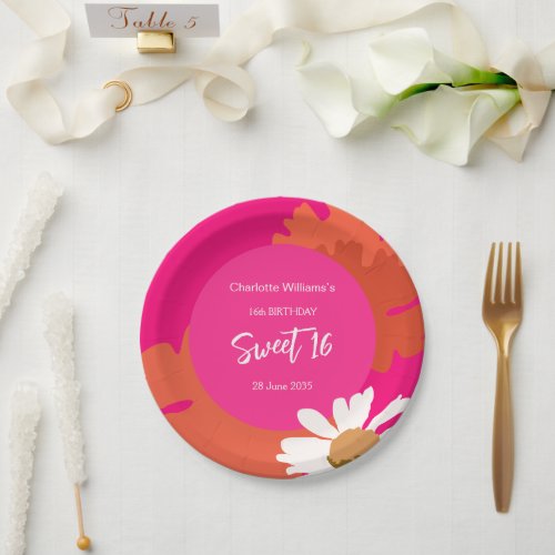 Hot Pink and Orange Floral Sixteen Birthday Party  Paper Plates