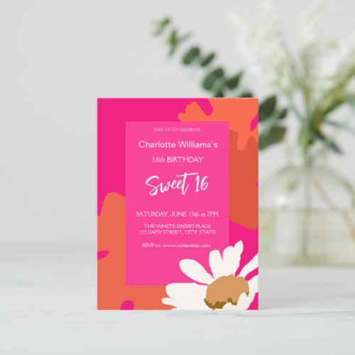 Hot Pink and Orange Floral Sixteen Birthday Party  Postcard