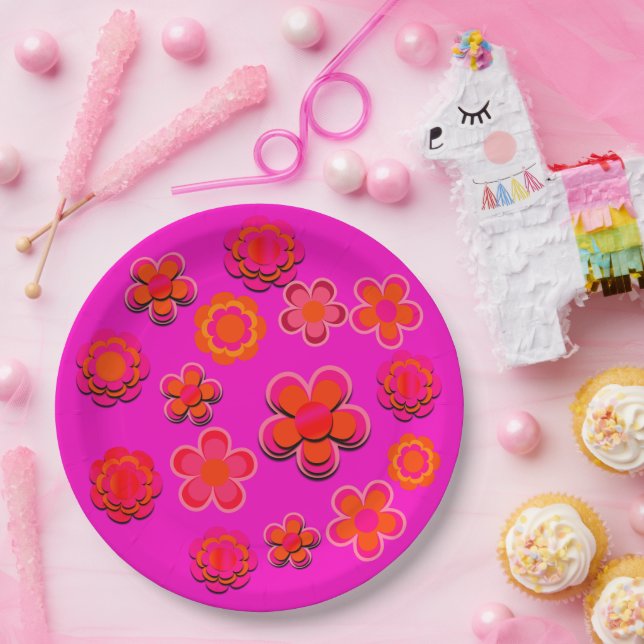 Hot Pink and Orange Flowers  Paper Plates (Party)
