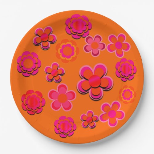 Hot Pink and Orange Flowers  Paper Plates