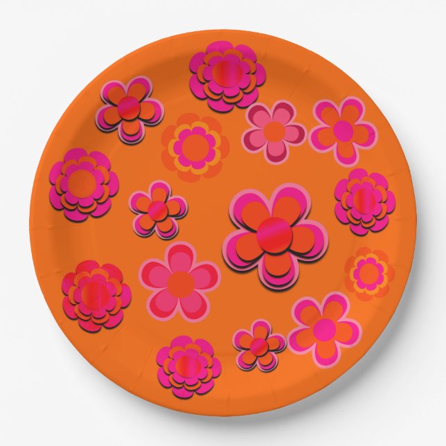 Hot Pink and Orange Flowers  Paper Plates (Front)