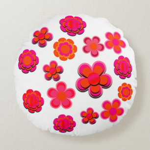 Hot Pink and Orange Flowers  Round Pillow