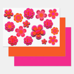 Hot Pink and Orange Flowers Wrapping Paper Sheets