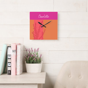 Hot Pink And Orange Greenery Leaves Personalized Square Wall Clock