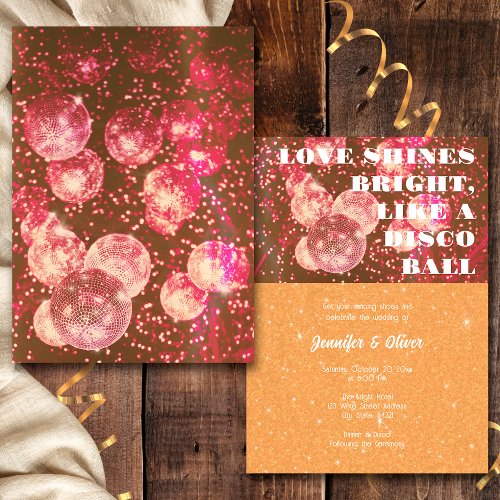 Hot Pink And Orange Retro Disco Ball Wedding Invitation