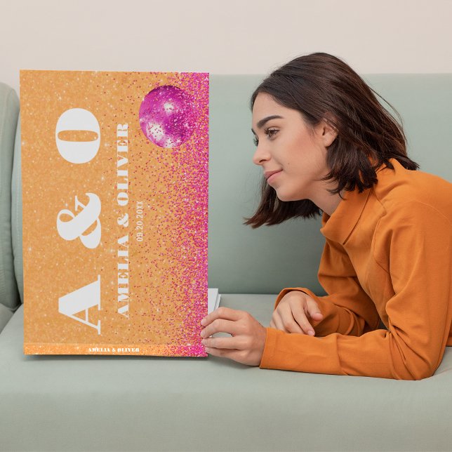 Hot Pink And Orange Retro Disco Balls Wedding Guest Book (Front and Spine)