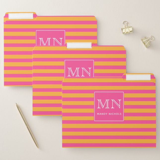 Hot Pink and Orange Striped Monogram File Folder (Set)