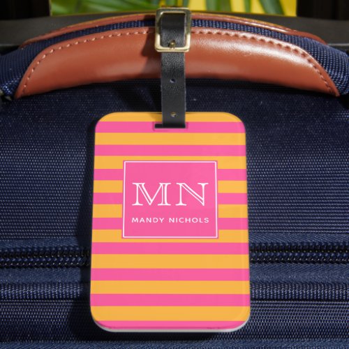 Hot Pink and Orange Striped Monogram Luggage Tag