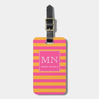 Hot Pink and Orange Striped Monogram Luggage Tag