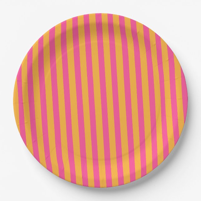 Hot Pink and Orange Striped Paper Plates (Front)