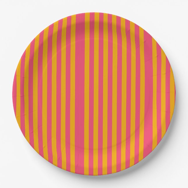 Hot Pink and Orange Vertical Stripes Pattern Paper Plates (Front)