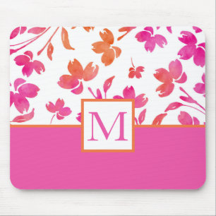 Hot Pink and Orange Watercolor Flower Stems Mouse Pad