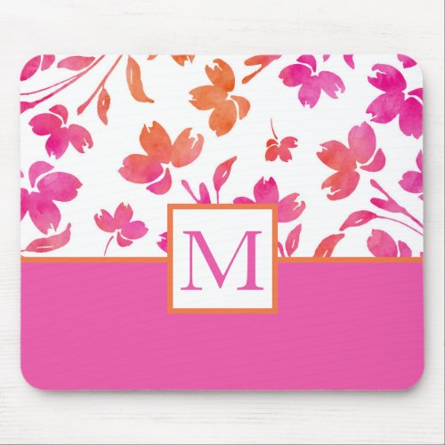 Hot Pink and Orange Watercolor Flower Stems Mouse Pad