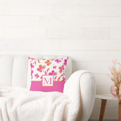 Hot Pink and Orange Watercolor Flower Stems Throw Pillow