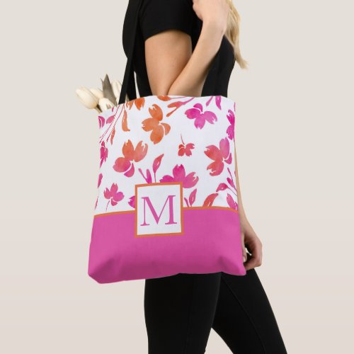 Hot Pink and Orange Watercolor Flower Stems Tote Bag