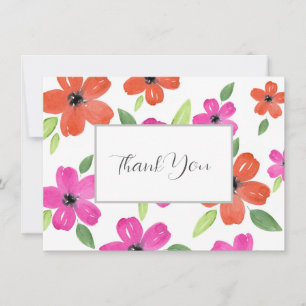 Hot Pink and Orange Watercolor Motif Thank You Card