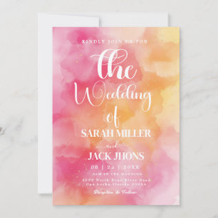 hot Pink and orange Watercolor Wedding Invitation