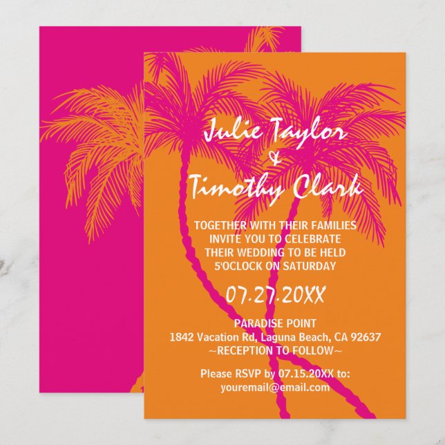 Hot Pink and Orange Wedding Invitations (Front/Back)