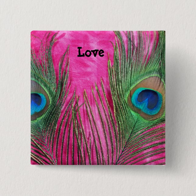 Hot Pink and Peacock Feathers Button (Front)