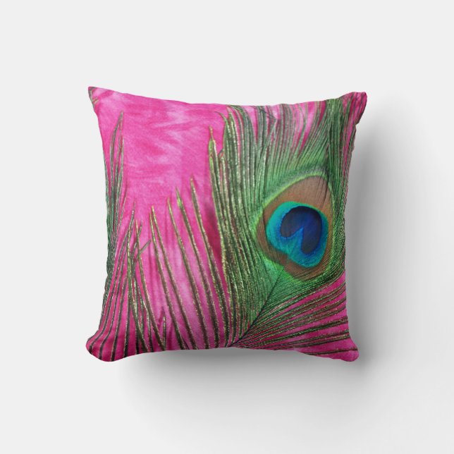 Hot Pink and Peacock Feathers Still Life Throw Pillow (Front)