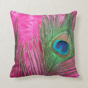 Hot Pink and Peacock Feathers Still Life Throw Pillow