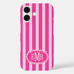 Hot Pink and Pink Monogrammed Stripes iPhone 16 Case