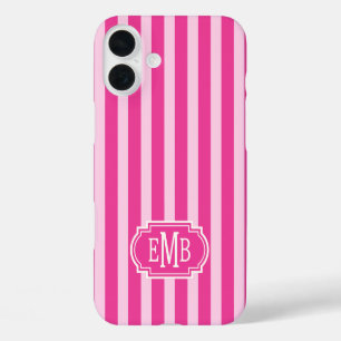 Hot Pink and Pink Monogrammed Stripes iPhone 16 Plus Case