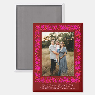 Hot Pink and Red Folk Art Floral Frame and Text Magnet