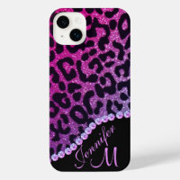 Hot Pink and Rhinestone Leopard Glitter Monogram iPhone 14 Plus Case