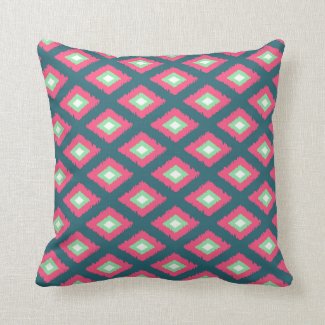 Hot Pink and Sea Green Tribal Diamond Ikat Pattern Throw Pillow