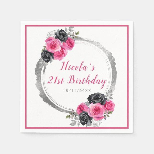 Hot Pink and Silver Elegant Flower Birthday  Napkins (Front)