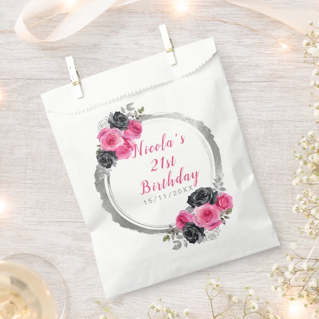 Hot Pink and Silver Elegant Flower Birthday Party Favor Bag (Clipped)