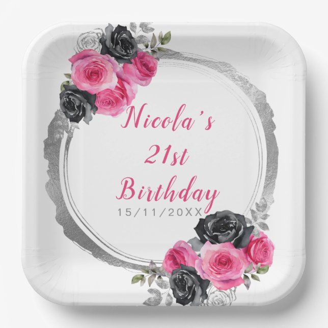 Hot Pink and Silver Elegant Flower Birthday Party Paper Plates (Front)